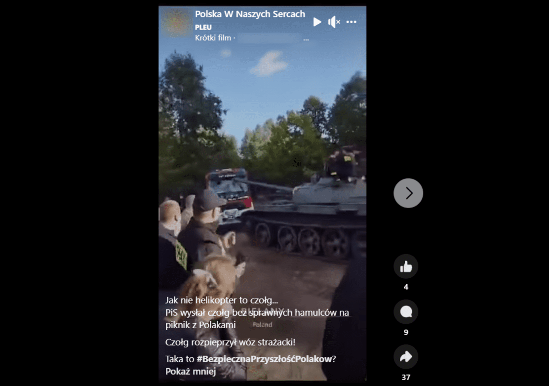 Zrzut ekranu z nagrania, które zamieszczono na Facebooku. Na stopklatce widać czołg, który wbił lufę w przednią szybę wozu strażackiego, który stał na uboczu.