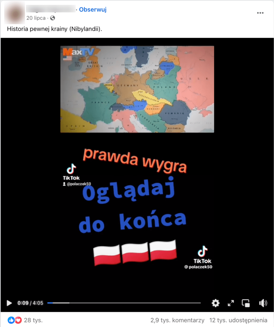 Zrzut ekranu z Facebooka. Na dołączonym do posta zdjęciu widzimy mapę Europy po 1918 roku, na której nie ma niepodległej Ukrainy.