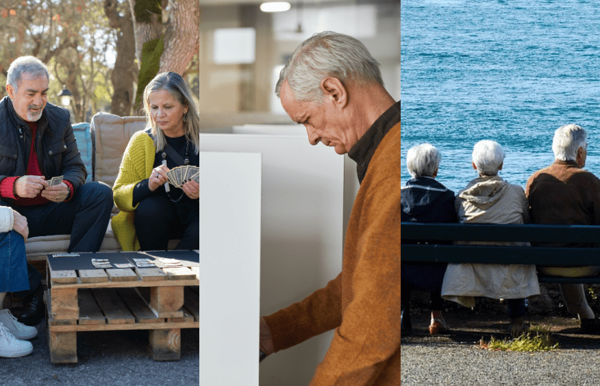 seniorzy grający w karty, osoba starsza oddająca głos w wyborach, seniorzy siedzący na ławce nad morzem