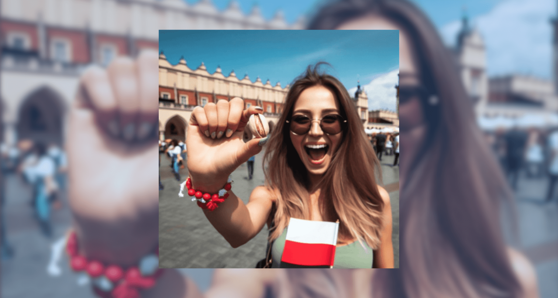 Obraz wygenerowany przez sztuczną inteligencję przedstawiający znajdującą się na Rynku w Krakowie kobietę trzymającą w ręku pistację i flagę Polski.