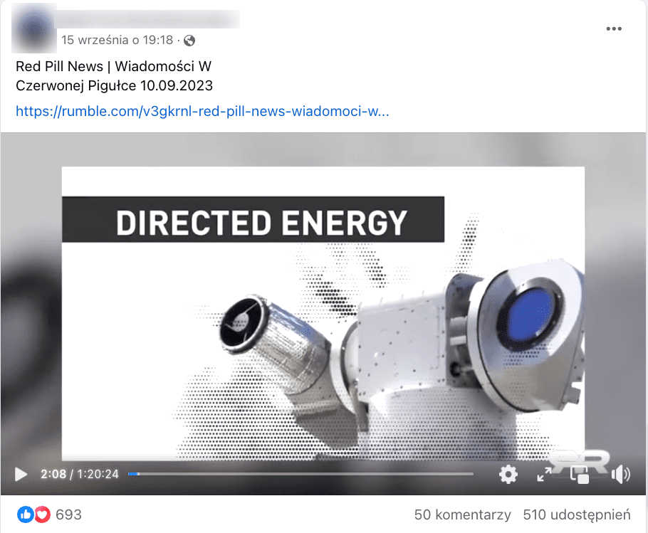 Zrzut ekranu z Facebooka. Do posta dołączono grafikę, na której widać laser. Tytuł grafiki to „Directed energy”.