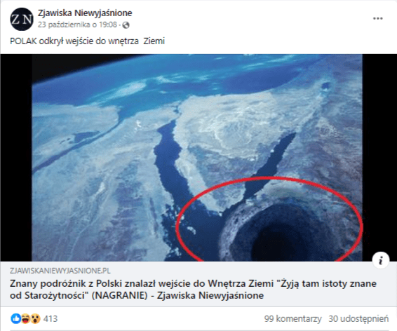 Wpis na Facebooku wraz z dołączoną fotografią z komosu przedstawiającą fragment Ziemi. Zdjęcie przedstawia duży krater na planecie, zakreślony czerwonym kółkiem.
