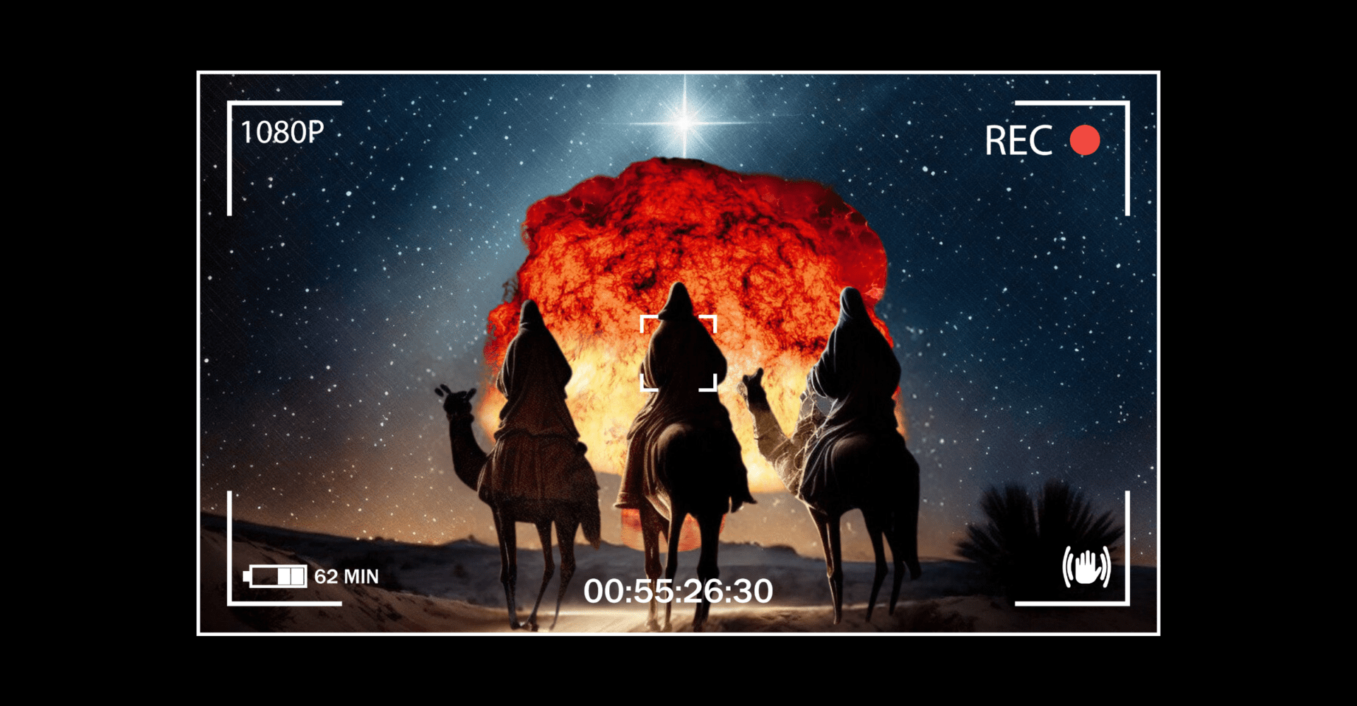 Trzech jeźdźców na wielbłądach podąża w stronę Sodomy i Gomory, a przed nimi unosi się ogień i pył po wybuchu bomby atomowej