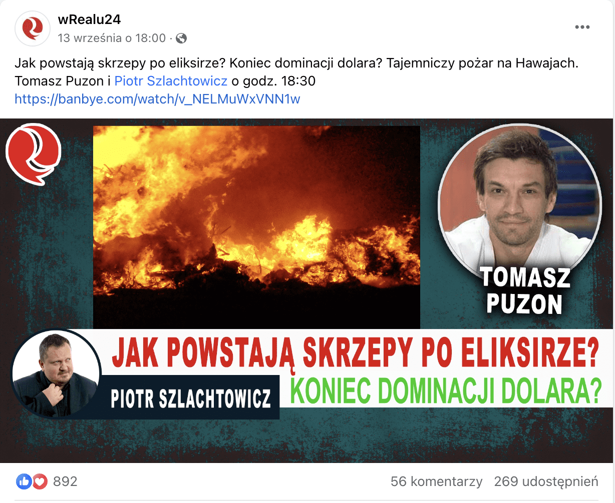 Zrzut ekranu z Facebooka. Na zdjęciu promującym rozmowę opublikowaną w serwisie wRealu24 widzimy Piotra Szlachtowicza i Tomasza Puzona. Post cieszy się dużym zainteresowaniem internautów – polubiono go niemal 900-krotnie.