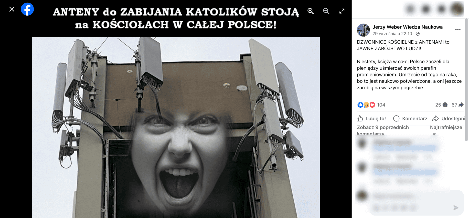 Zrzut ekranu jednego z omawianych postów. Widoczna jest twarz krzyczącego człowieka na tle anten telekomunikacyjnych.