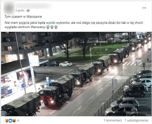 Wpis na Facebooku o wojsku na ulicach Warszawy. Na zdjęciu widać ulicę zastawioną wojskowymi pojazdami