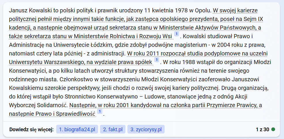 Zrzut ekranu z Bing Chat, który prezentuje odpowiedź na temat Janusza Kowalskiego.