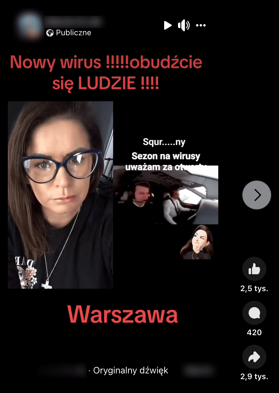 Zrzut ekranu rolki na Facebooku. W prawej części widzimy dwóch pilotów w kokpicie. Po lewej jest twarz młodej kobiety w okularach. Czerwonymi literami napisano: „Nowy wirus !!!!!obudźcie się LUDZIE !!!! Warszawa”.