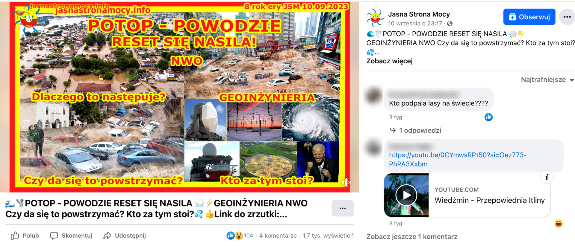 Zrzut ekranu posta na Facebooku. W kadrze omawianego filmu jest grafika okładkowa używająca jaskrawej, żółto-czerwonej czcionki. Wykorzystuje zdjęcia przedstawiające powódź w mieście, anteny, huragan oraz uśmiechniętego Joe Bidena.