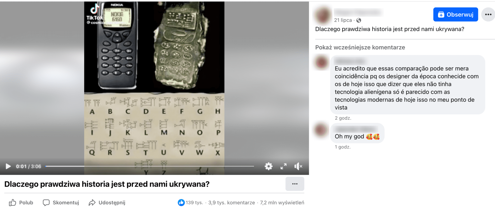 Zrzut ekranu posta na Facebooku. W kadrze tiktoka znajduje się aparat komórkowy NOKIA 6160 oraz drugi, podobny aparat, z pismem podobnym do pisma klinowego na klawiszach i na ekranie. Poniżej znaki tego samego alfabetu podpisano ich rzekomymi, łacińskimi odpowiednikami. 