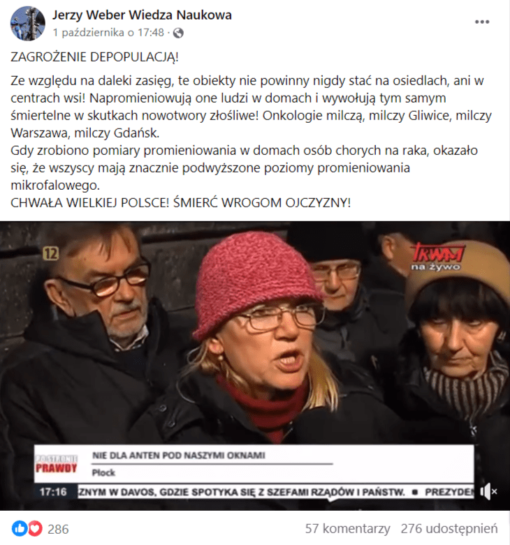 Zrzut ekranu wpisu na Facebooku, do którego dołączono film z mieszkańcami Słupska, którzy narzekali na obecność anten telefonii komórkowej w mieście. Na uchwyconej klatce widać przemawiającą do mikrofonu kobietę na tle tłumu starszych ludzi.
