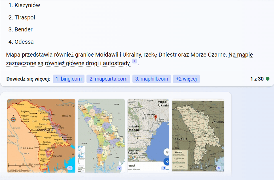 Zrzut ekranu z Bing Chat - na zrzucie widać propozycje miast z mapy oraz inne mapy Mołdawii.