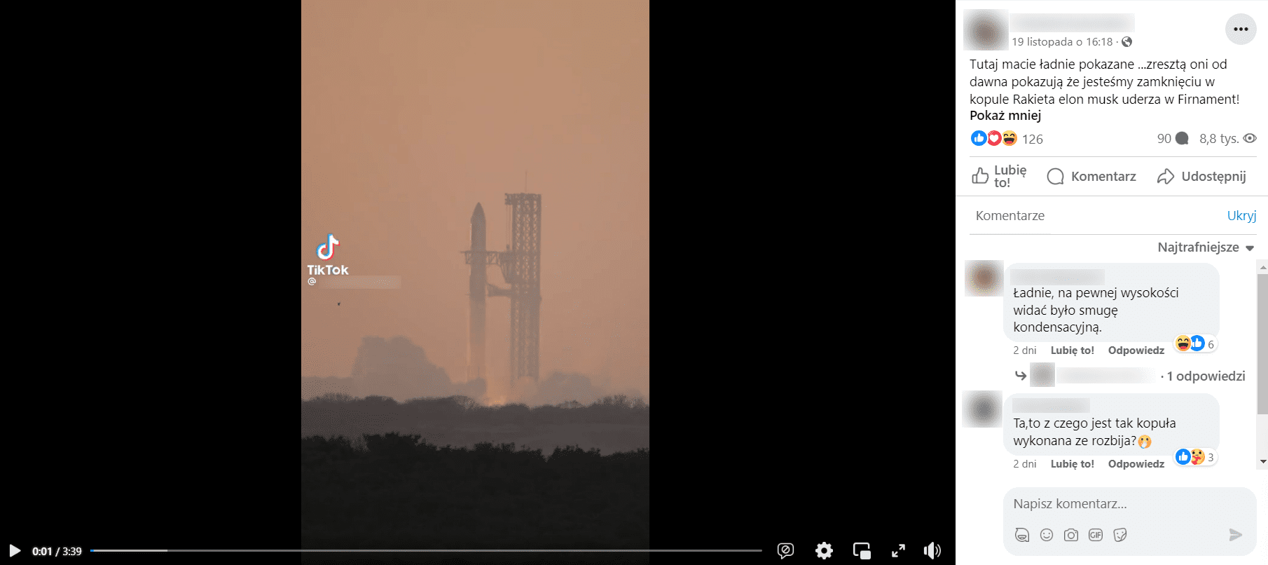 Zrzut ekranu z posta na Facebooku. Na nagraniu widzimy start rakiety, która po pewnym czasie wybucha. W opisie informacja, że pojazd zderzył się z kopułą przykrywającą Ziemię. 126 reakcji, 90 komentarzy i 8,8 tys. odtworzeń. 
