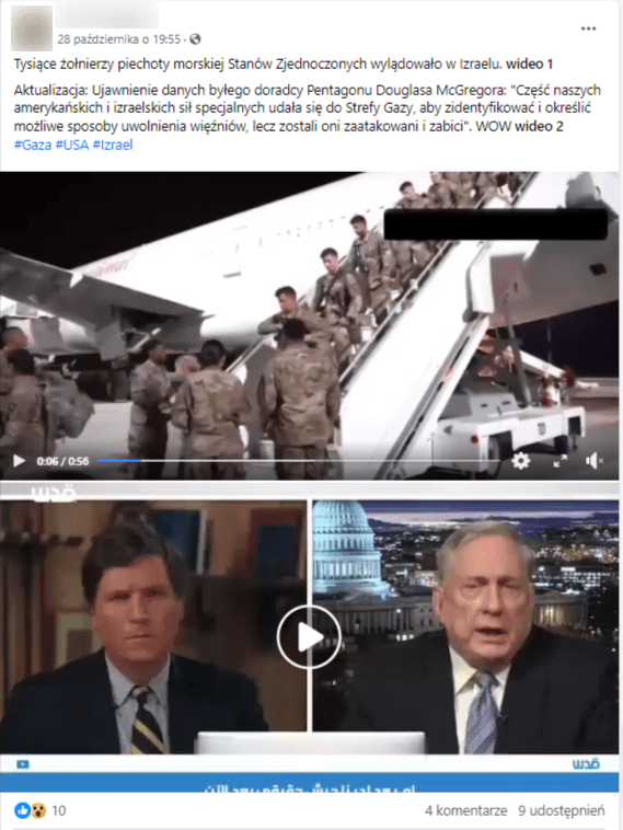 Wpis na Facebooku informujący o lądowaniu amerykańskich żołneirzy w Izraelu. Kadr z nagrania przedstawia żołnierzy w mundurach schodzących po schodach z białego samolotu stojącego na płycie lotniska. Kadr ujęty z perspektywy dołu schodów.