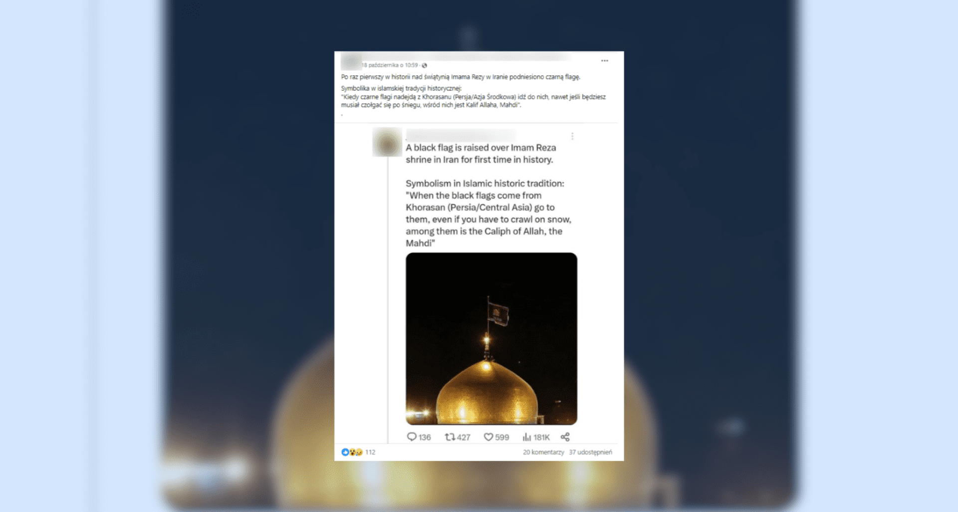 Screenshot wpisu przedstawiającego fałszywe informacje dotyczące czarnej flagi na meczecie. Symbolizuje ona żałobę
