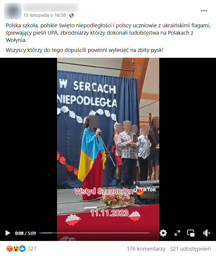 Zrzut ekranu z posta na Facebooku. Na nagraniu dziewczynka stojąca na scenie z ukraińską flagą na ramionach śpiewa pieśń „Czerwona Kalina”. 327 polubień, 176 komentarzy i 321 udostępnień. 