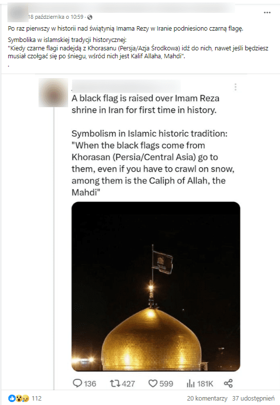 Wpis na Facebooku do którego dołączone zostało zdjęcie, na którym widać złotą kopułę, a na jej szczycie czarną flagę. Całość jest na tle czarnego, nocnego nieba bez gwiazd.
