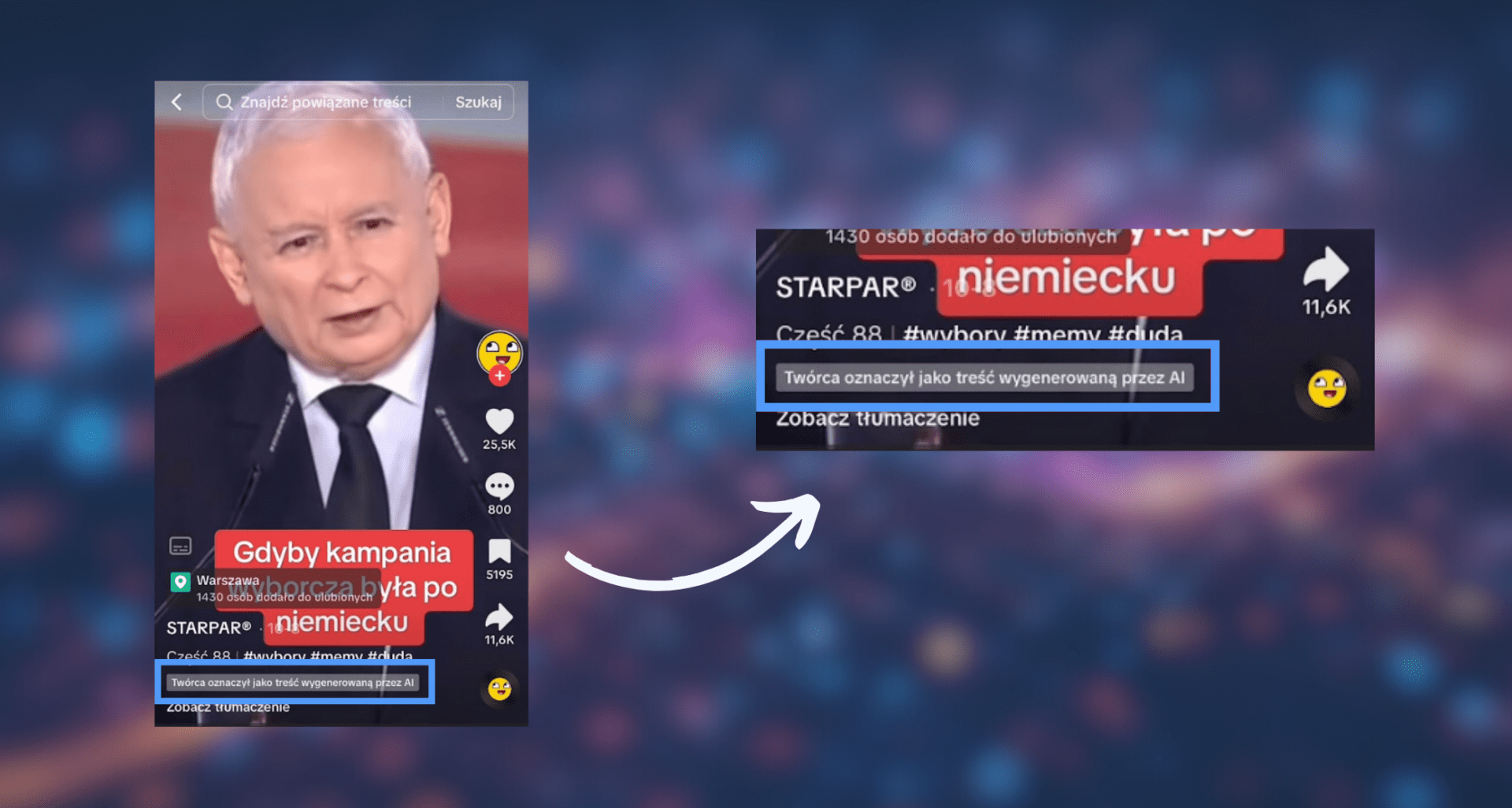 Screenshot tiktoka z Jarosławem Kaczyńskim, który zawiera adnotację: „Twórca oznaczył treść jako wygenerowaną przez AI”