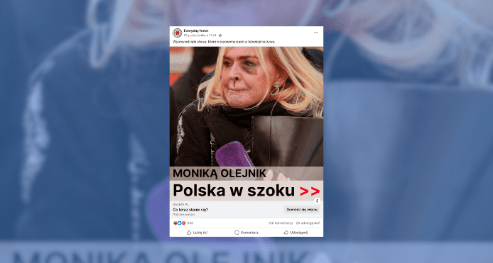 Screenshot scamu z Facebooka. Przerobione zdjęcie Moniki Olejnik z krwią pod nosem.