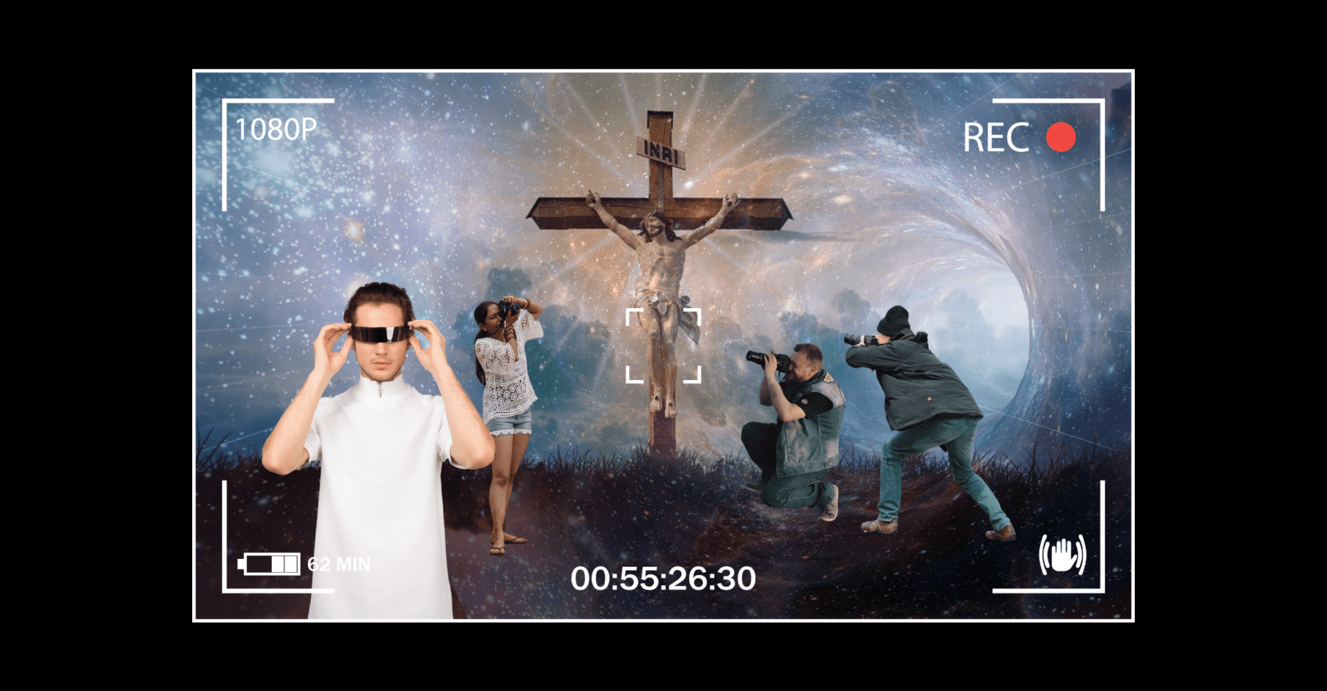 Jezus na krzyżu, paparazzi i mężczyzna w białej bluzce i okularach przeciwsłonecznych
