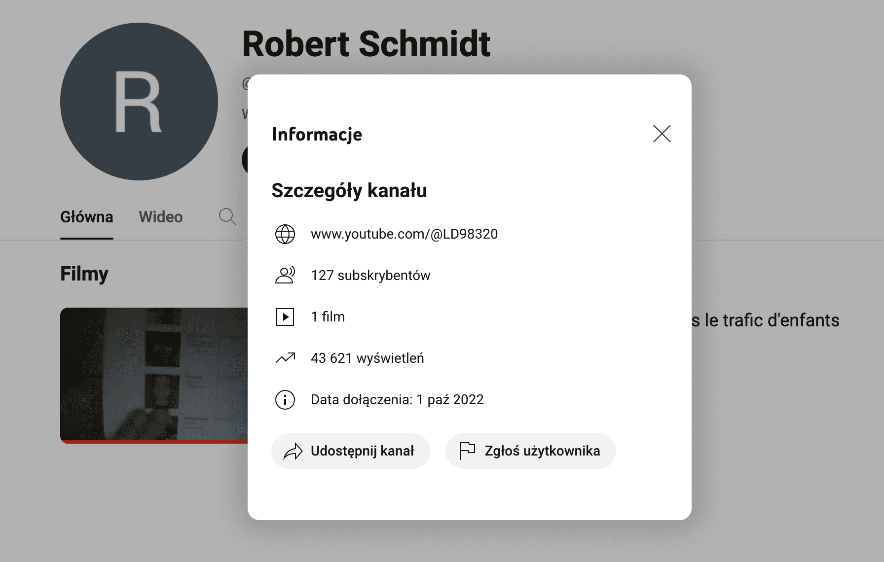 Zrzut ekranu z YouTube’a. Na zdjęciu widać dane na temat konta Roberta Schmidta.