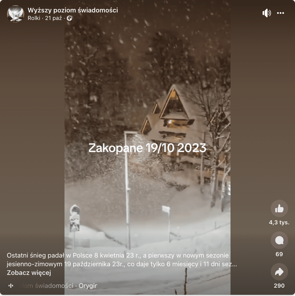 Zrzut ekranu z Facebooka. Na zdjęciu widzimy charakterystyczny dla Zakopanego dom ze spiczastym dachem w zimowej scenerii.