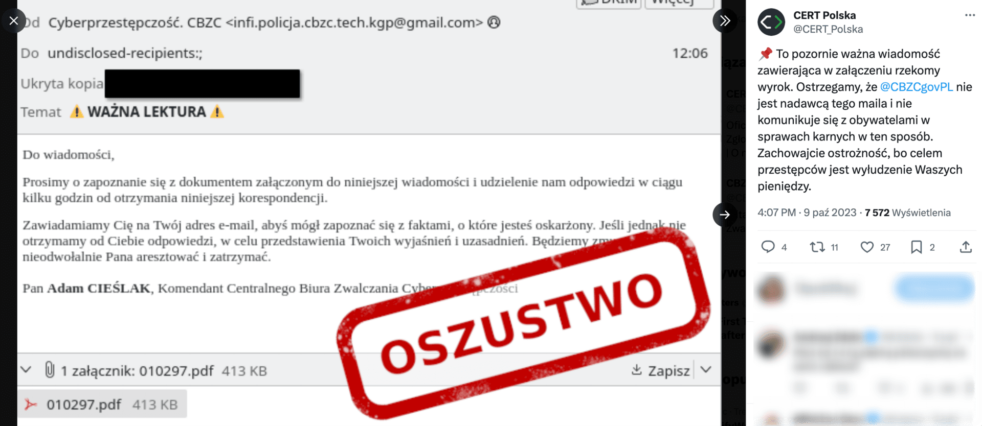 Zrzut ekranu wpisu CERT Polska na portalu X. Widoczny jest przykładowy mail od oszustów.