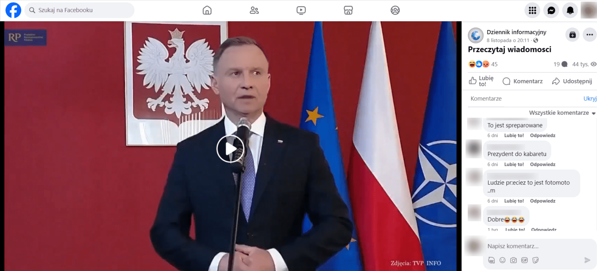 Zrzut ekranu posta na Facebooku. Znajduje się na nim prezydent Andrzej Duda na tle godła polskiego oraz trzech flag: UE, Polski i NATO.