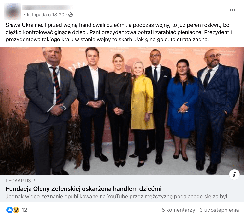 Zrzut ekranu z Facebooka. Do posta dołączono zdjęcie, na którym widać grupę osób. Wsród nich jest Olena Zełenska, żona ukraińskiego prezydenta.