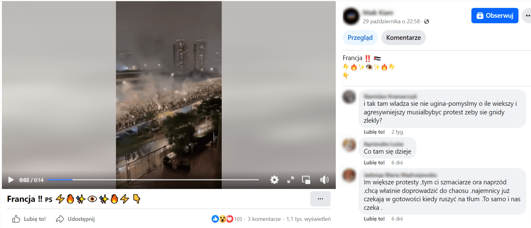 Zrzut ekranu z nagrania opublikowanego na Facebooku. Widoczny tłum ludzi idących przez miasto, nad którymi unosi się dym z materiałów pirotechnicznych. Liczba reakcji: 103, liczba komentarzy: 3, liczba wyświetleń: 1,1 tys.