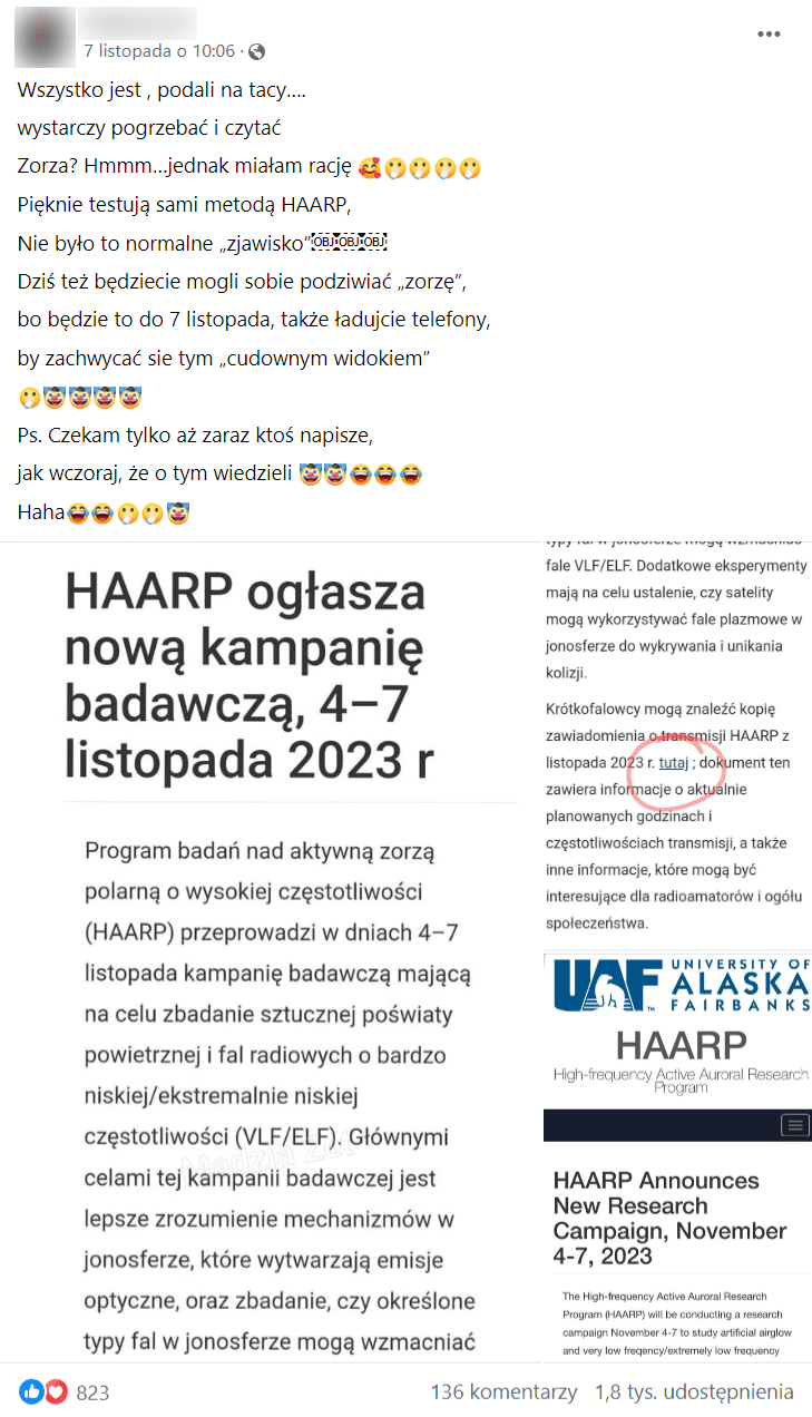 Zrzut ekranu wpisu na Facebooku, w którym napisano, że zorza polarna nad Polską była efektem działania HAARP. Do wpisu dołączono fragmenty tekstów na temat działania HAARP na początku listopada.