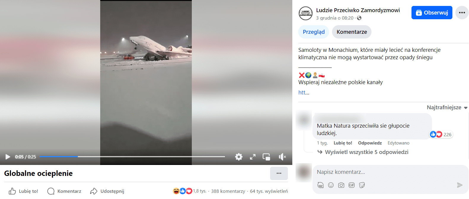 Zrzut ekranu posta na Facebooku, wraz z nagraniem, przedstawiającym zaśnieżone lotnisko w Monachium oraz przewrócony samolot.