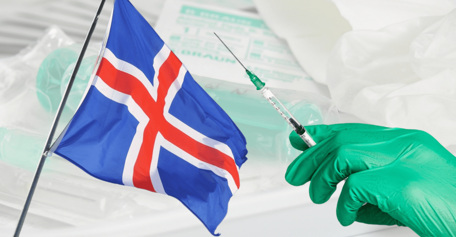 Flaga Islandii oraz ręka trzymająca strzykawkę