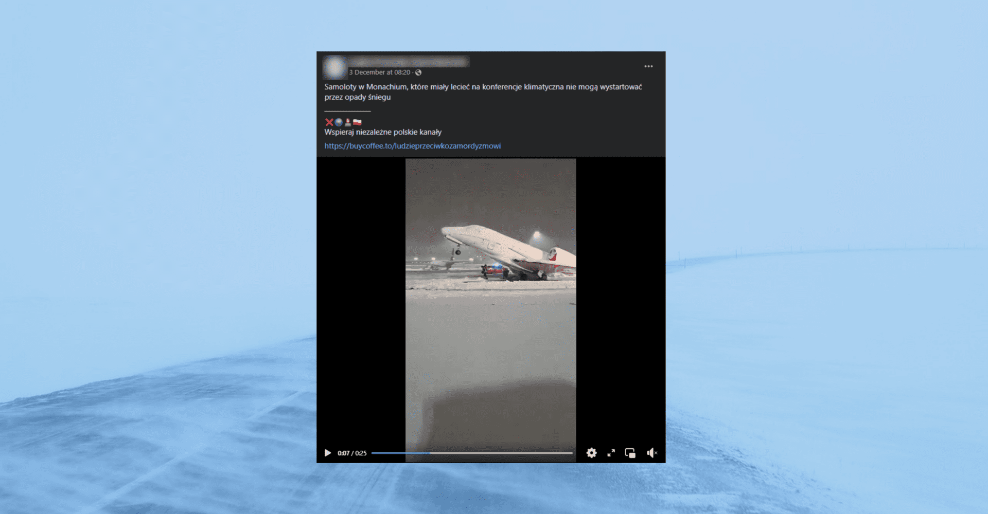 Screenshot przedstawiający filmik z brakującym kontekstem dotyczącym samolotów w Monachium