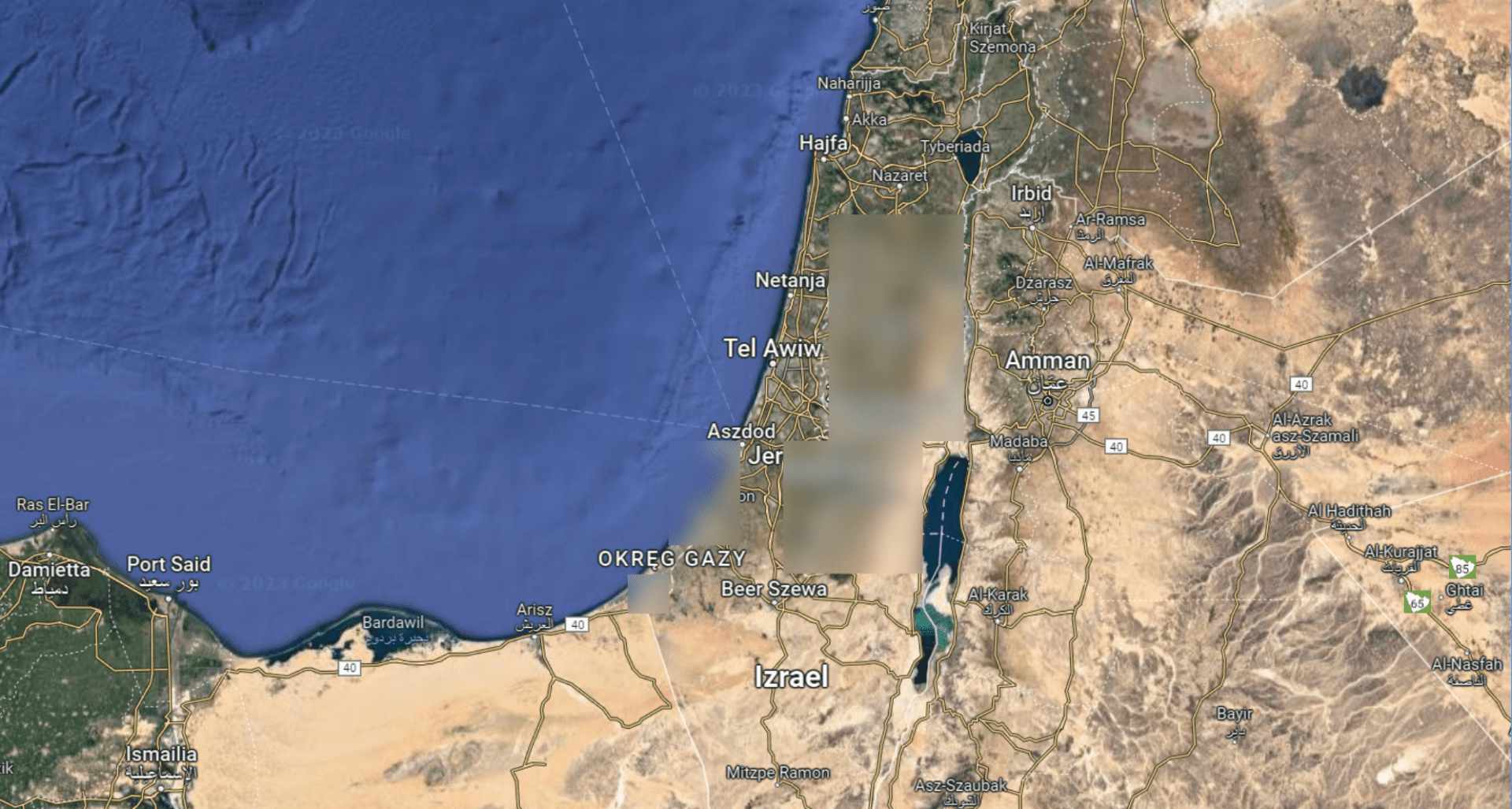 Screenshot mapy przedstawiającej zamazane terytorium Palestyny
