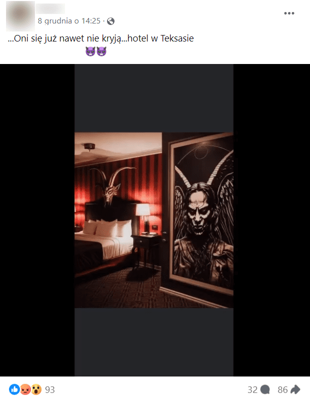 Zrzut ekranu wpisu na Facebooku, w którym przedstawiono obrazy z satanistycznego hotelu. Na nagranie zareagowało ponad 90 osób, a udostępniło je ponad 80.