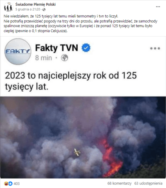 Zrzut ekranu posta na Facebooku. Na zdjęciu widać lecący samolot i palące się lasy. 