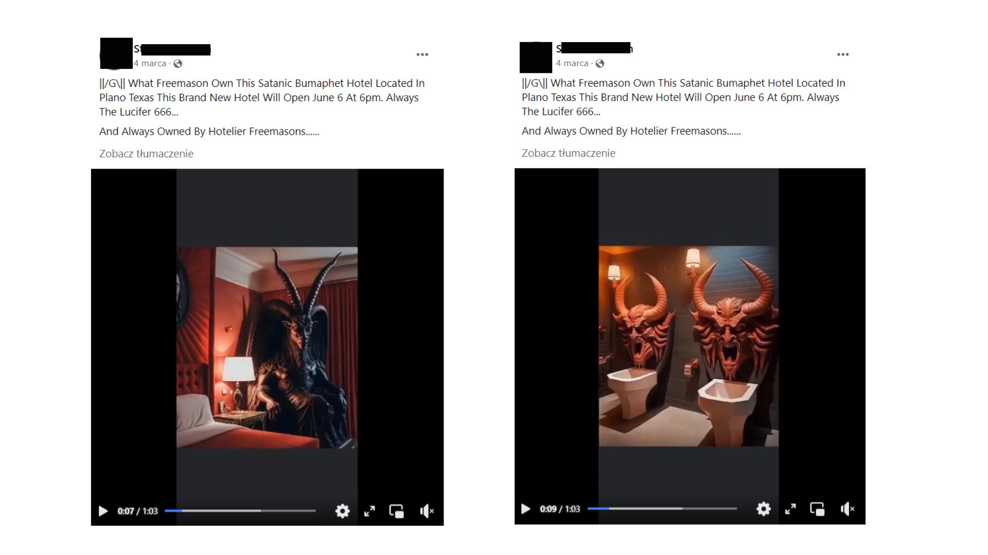 Zrzut ekranu – wpis na Facebooku, który przedstawiał różne ujęcia z rzekomego hotelu dla satanistów w Pensylwanii. Na obrazie widać posąg diabła przy łóżku oraz toaletę z twarzami demonów.
