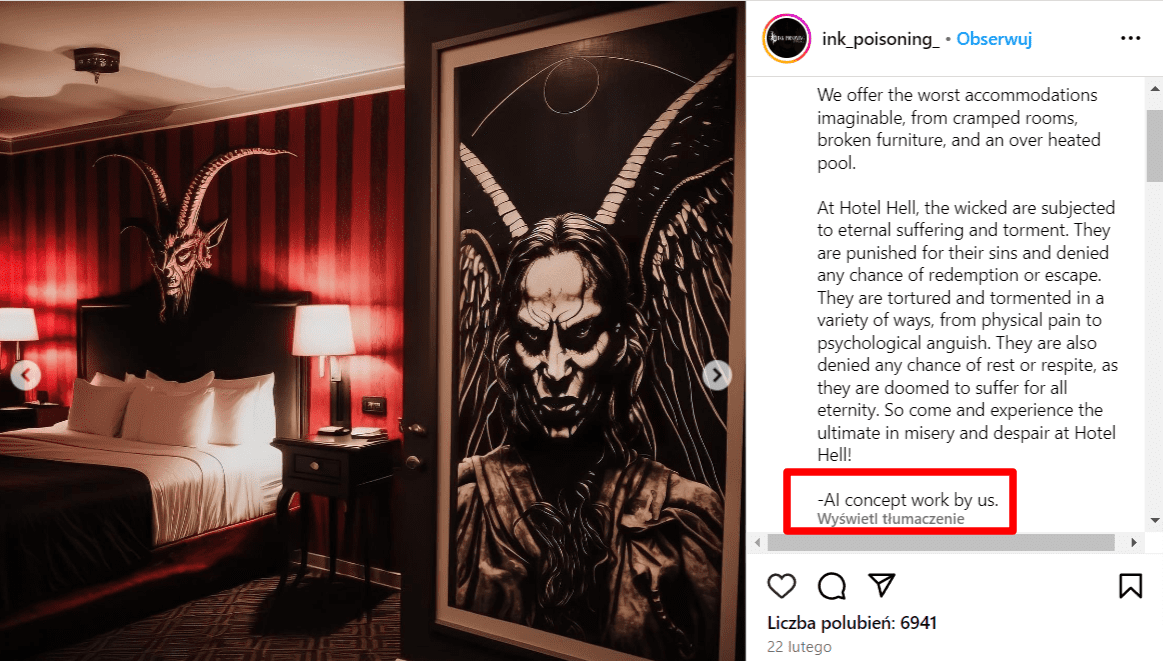 Zrzut ekranu wpisu na Instagramie, w którym zaprezentowano wnętrza fikcyjnego hotelu dla satanistów. Na obrazie widać łóżko z głową demona nad poduszkami i wielki obraz czarnego anioła na ścianie.