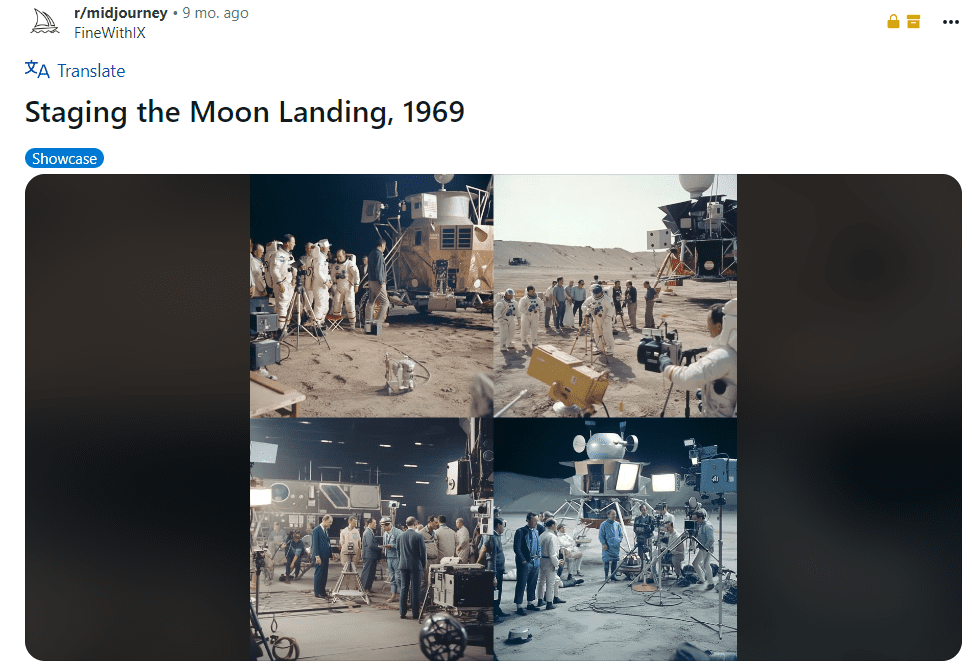 Zrzut ekranu – wpis na Reddicie, którzy przedstawiał studio nagraniowe, w którym rzekomo przygotowywano się do nagrania lądowania na Księżycu w XX wieku.