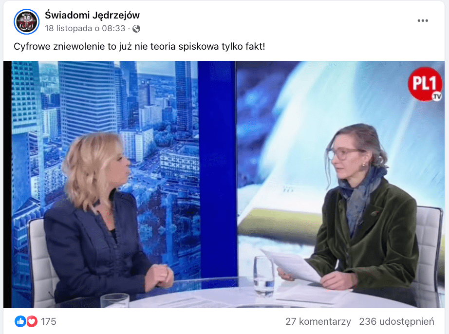Zrzut ekranu z Facebooka. Do posta dołączono zdjęcie, na którym widać dwie kobiety siedzące w studio podczas wywiadu.