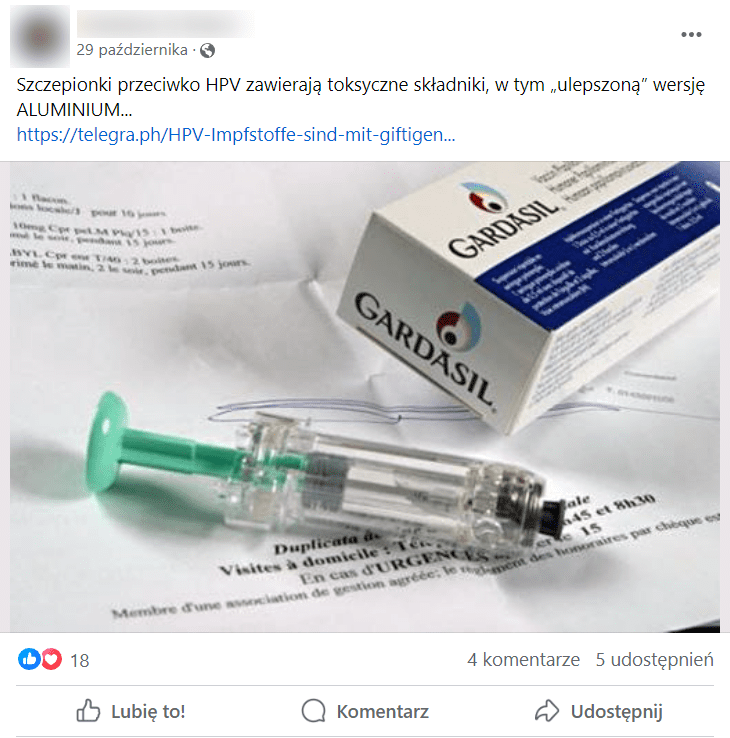 Zrzut ekranu posta na Facebooku. Znajduje się na nim strzykawka oraz opakowanie szczepionek Gardasil. 18 reakcji, 4 komentarze, 5 udostępnień. 