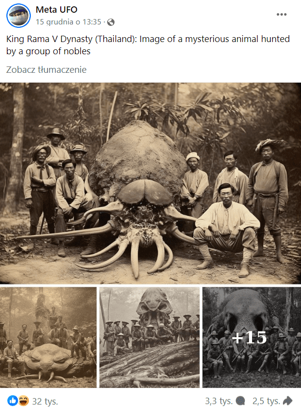 Zrzut ekranu – wpis na Facebooku, w którym przedstawiono dziwne stwory znalezione w Tajlandii w różnych lasach. Na ten wpis zareagowało ponad 30 tys. osób.