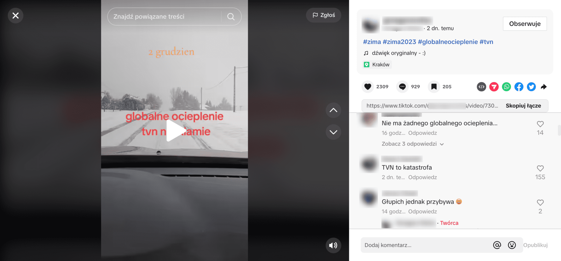 Zrzut ekranu filmu na TikToku. Widoczna jest zaśnieżona droga filmowana z wnętrza samochodu.