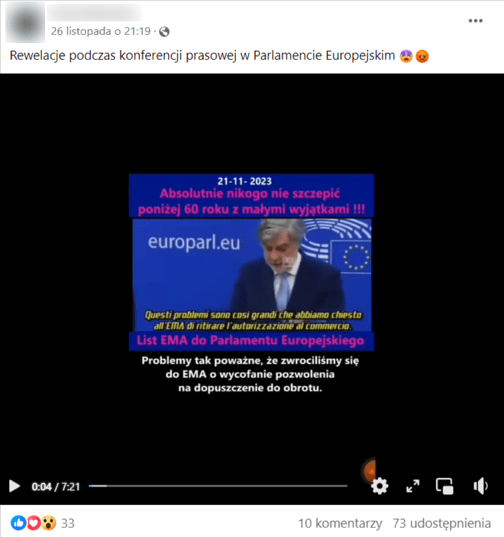 Zrzut ekranu z wpisu na Facebooku, do którego dołączono nagranie. Na stopklatce widać przemawiającego mężczyznę w europejskim parlamencie, który opowiada o tym, że zwrócił się do EMA o wycofanie szczepionek przeciw COVID-19.