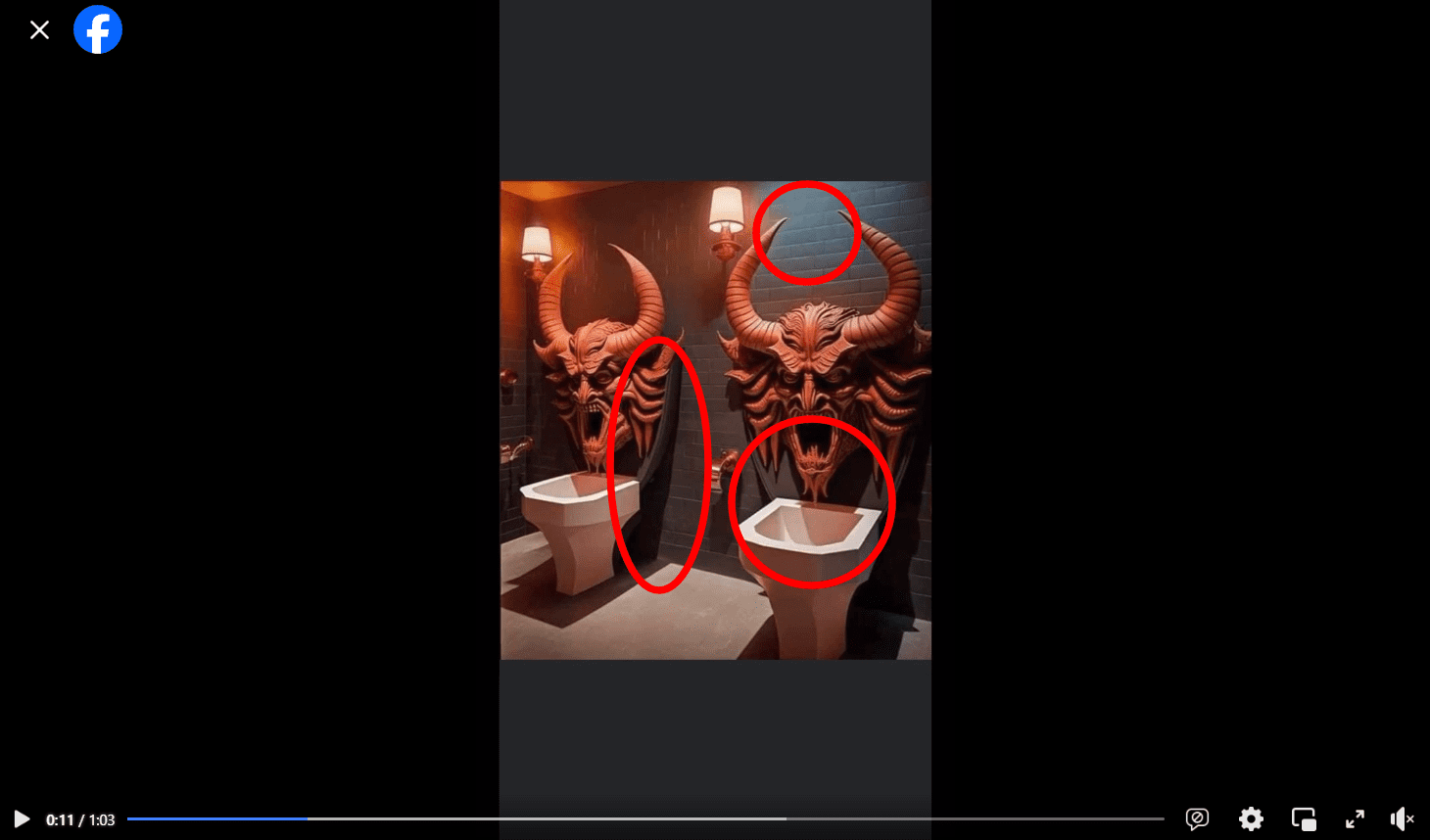 Zrzut ekranu z nagrania na Facebooku, na którym pokazano toaletę z rzeźbami diabła. Na obrazie zaznaczono niefunkcjonalne elementy toalety oraz błędne rozchodzenie się światła i cieni.