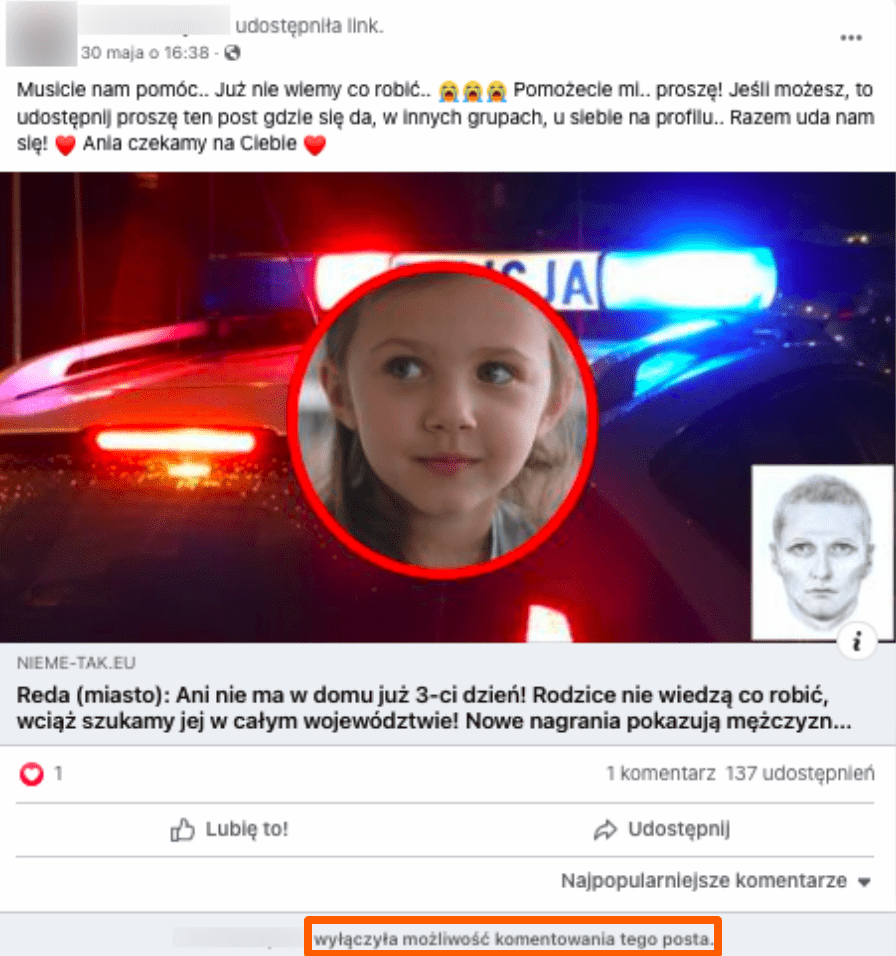 Zrzut ekranu posta z oszustwem na temat zaginionej dziewczynki. Widoczne jest zablokowanie możliwości komentowania wpisu.