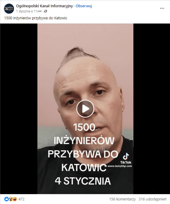 Wpis na Facebooku zawierający nagranie dotyczące uchodźców w Katowicach. Kadr przedstawia mężczyznę widzianego od szyi w górę na różowej ścianie. Napis głosi " 1500 inżynierów przybywa do Katowic 4 stycznia".
