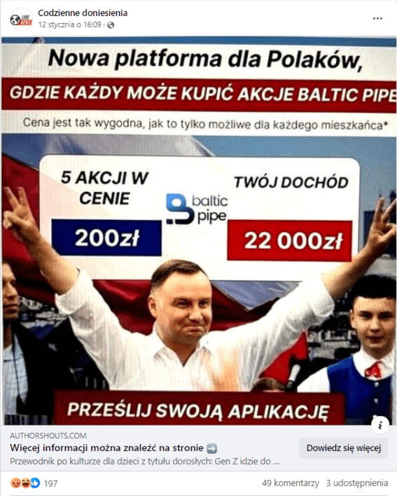 Grafika zachęcająca do zakupu akcji Baltic Pipe. Możemy w niej przeczytać o nowej platformie dla Polaków, oraz o tym, że pięć akcji w cenie 200 zł zapewni dochód w wysokości 22 tys. złotych, wystarczy tylko przesłać aplikację. Znalazł się na niej także prezydent Andrzej Duda w białej koszuli, unoszący obie ręce do góry i pokazujący palcami obydwu dłoni gest „V”