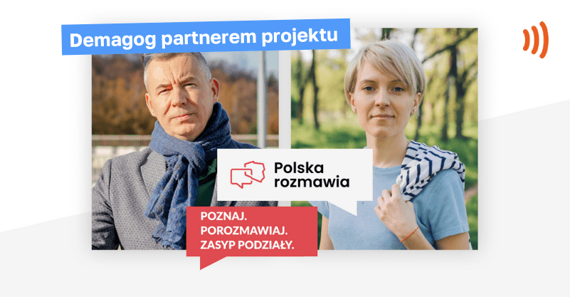 Zdjęcia dwóch osób obok siebie. Na środku logo „Polska rozmawia”. W prawym górnym rogu logo Demagoga.